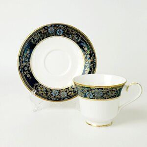 Royal Doulton Carlyle Cup & Saucer Dark Teal Band Blue Floral Paisley Gold Trim
